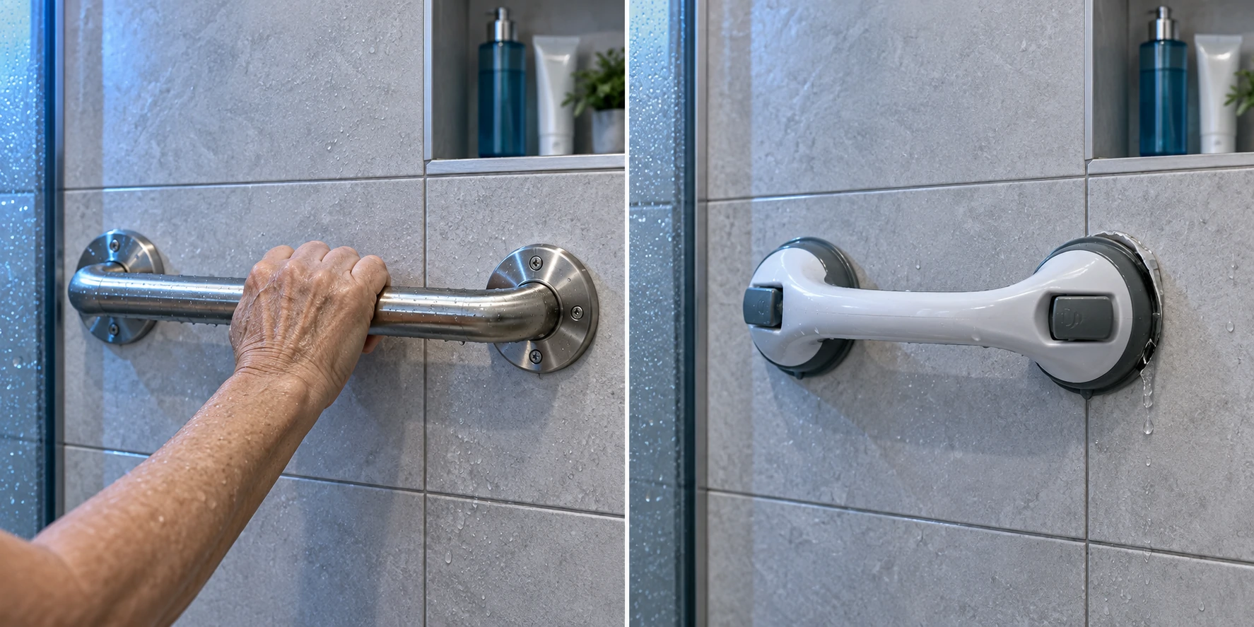 fixed grab bars versus suction shower handles for elderly users