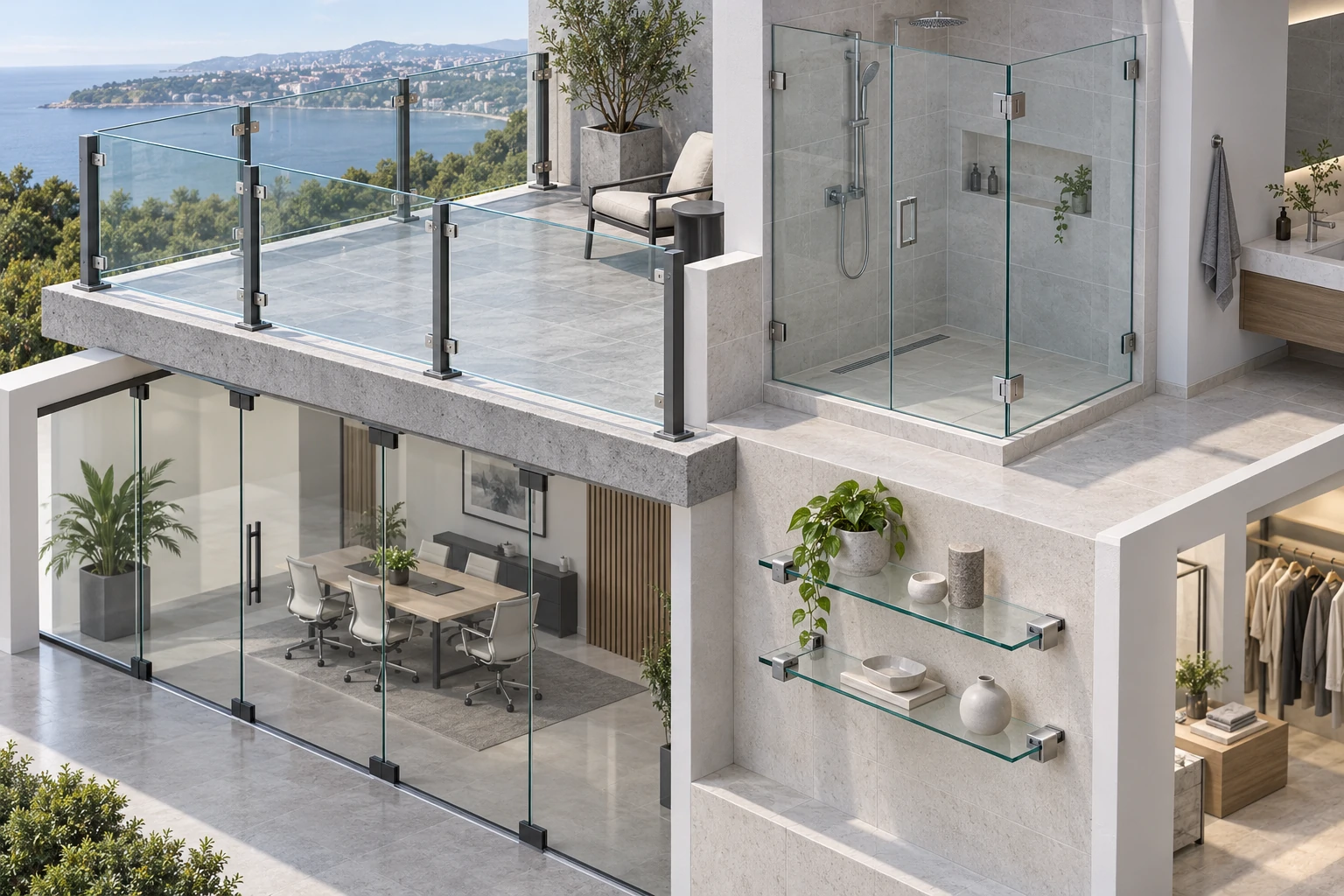 Glass clamps installed on balcony railings, shower enclosures, partitions, and wall shelves