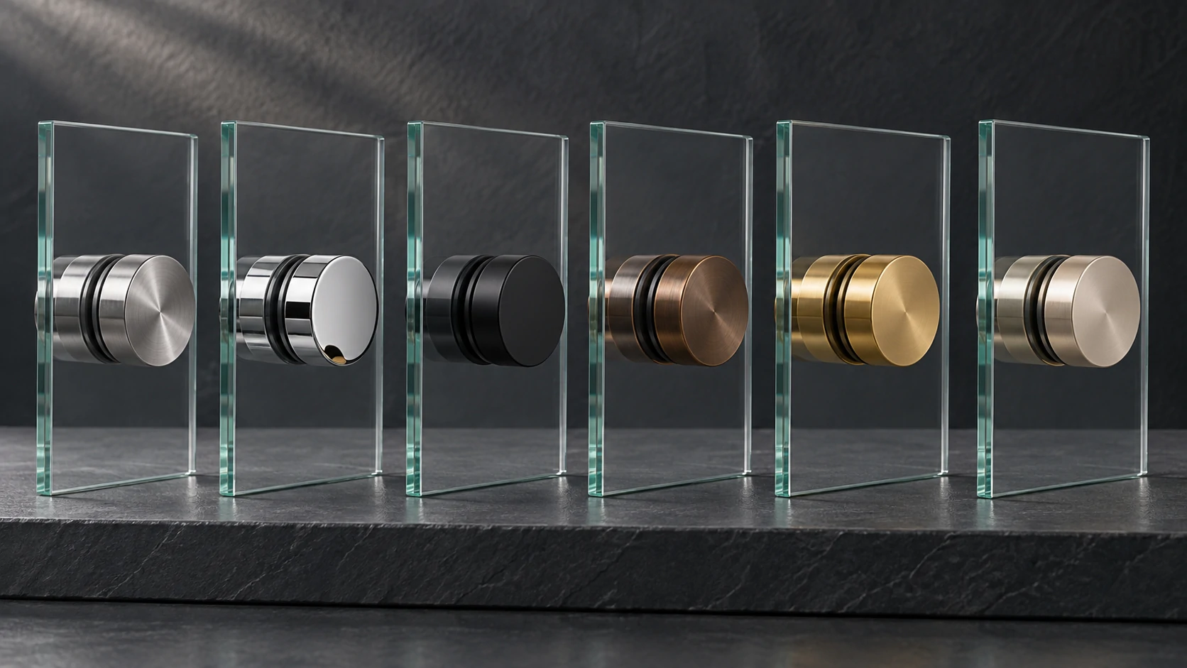 Glass Standoff Finish Options Glass standoffs mounted on sample panels in assorted architectural finishes