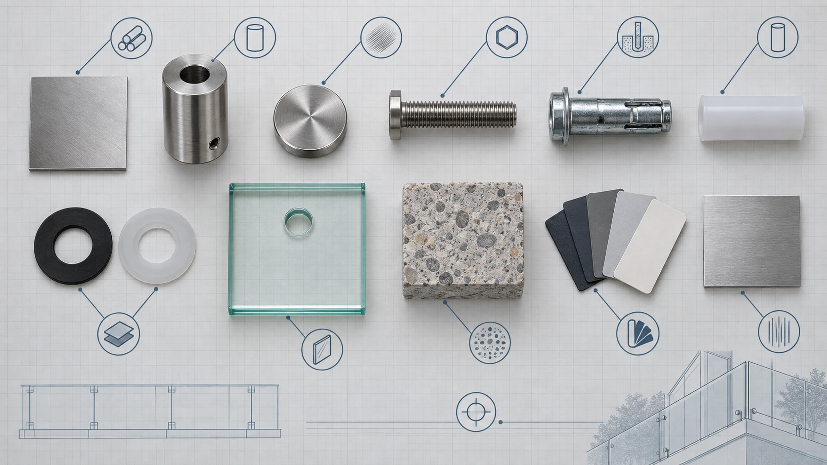 Glass Standoff Specification Layers Glass standoff components, anchors, gaskets, material samples, and glass arranged for specification