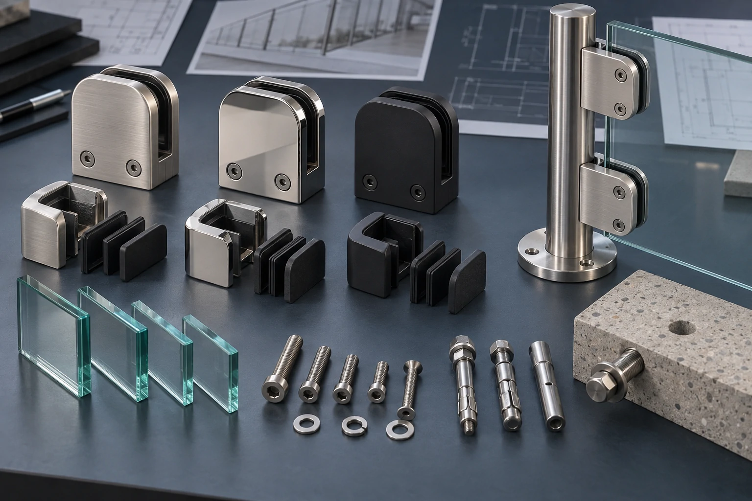 Glass railing clamps, inserts, fasteners, glass samples, and anchors arranged for specification