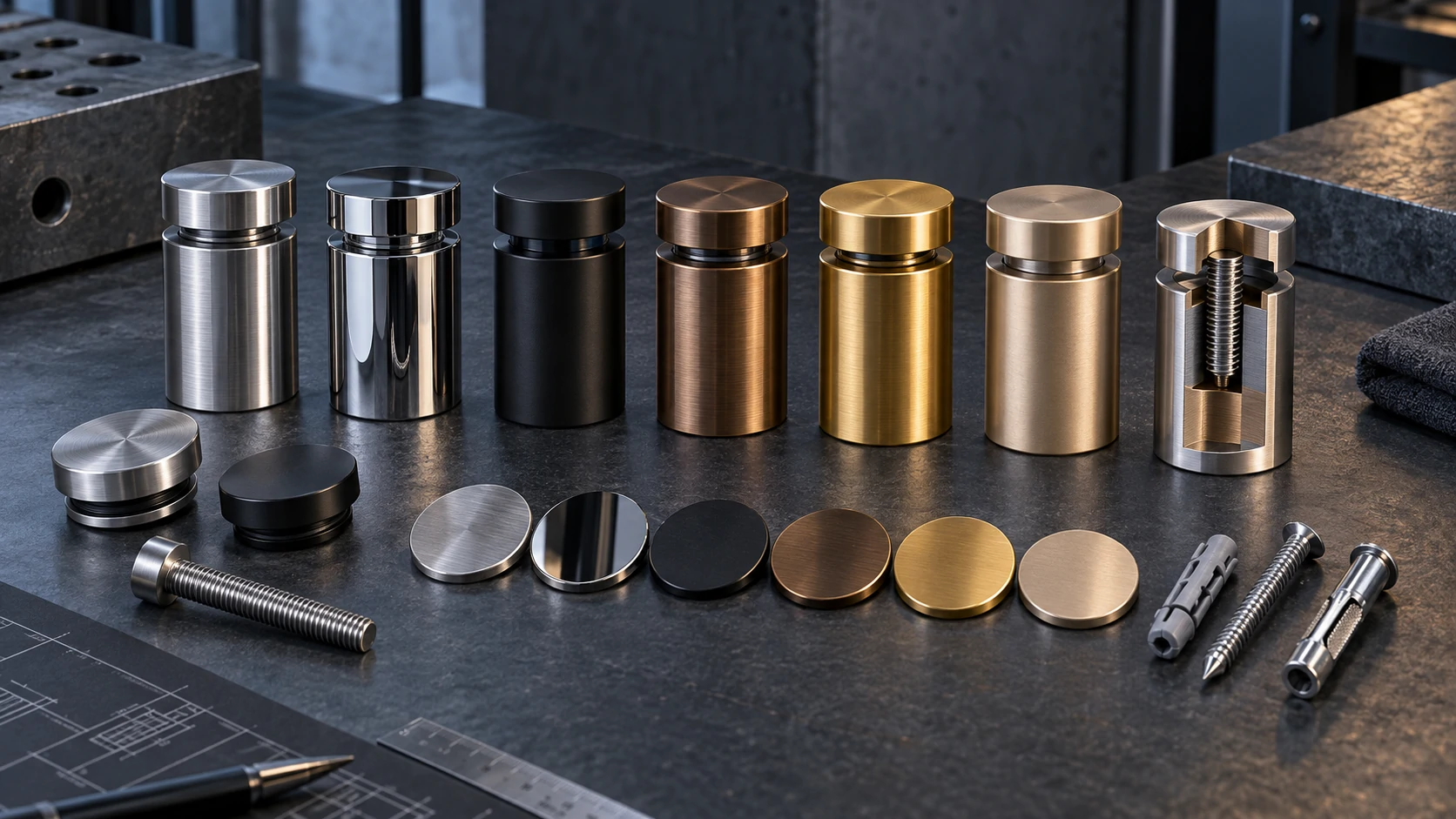 Glass standoffs and mounting hardware displayed in assorted architectural finishes