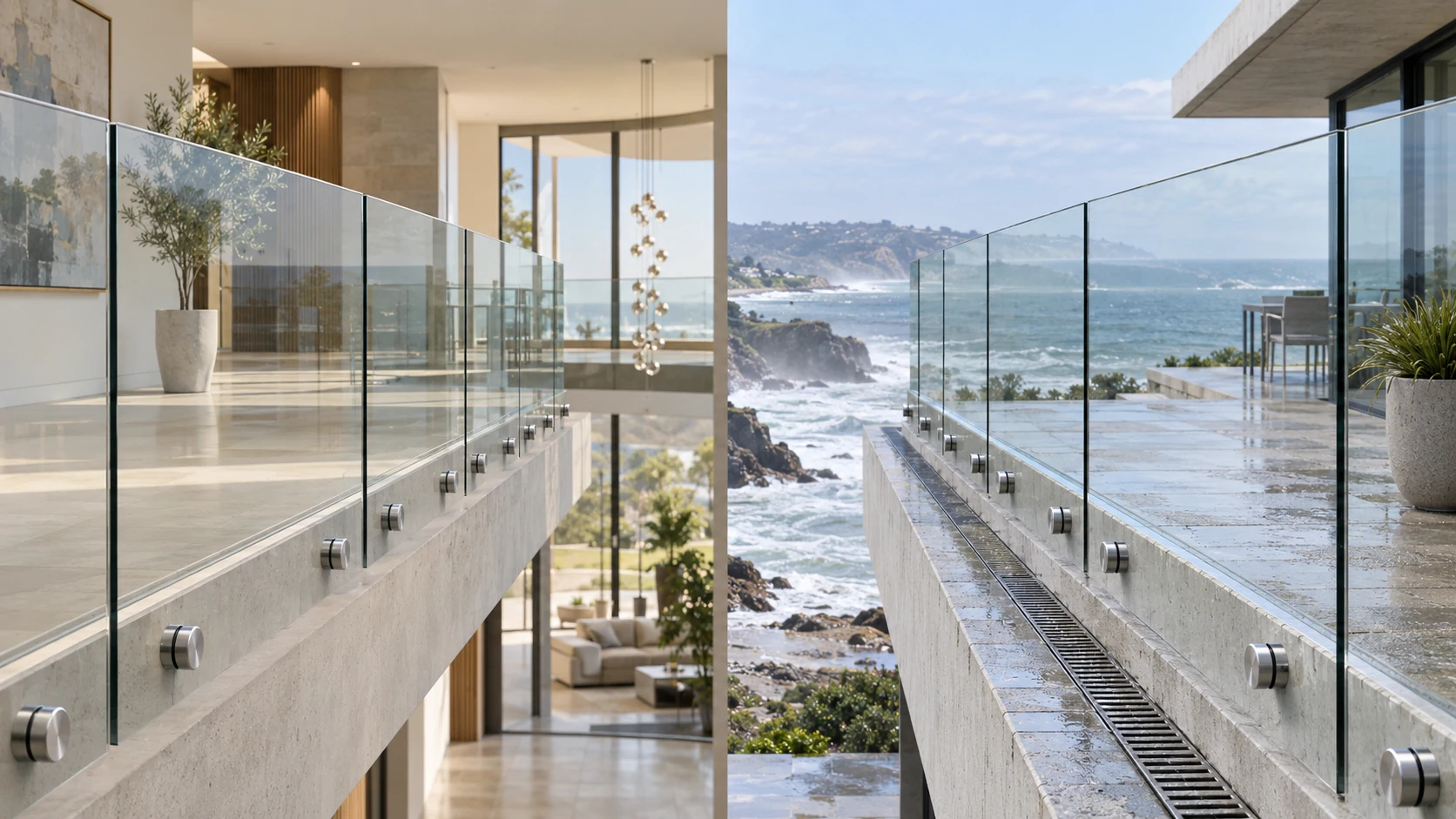 Glass standoff railings shown in indoor and coastal exterior installations