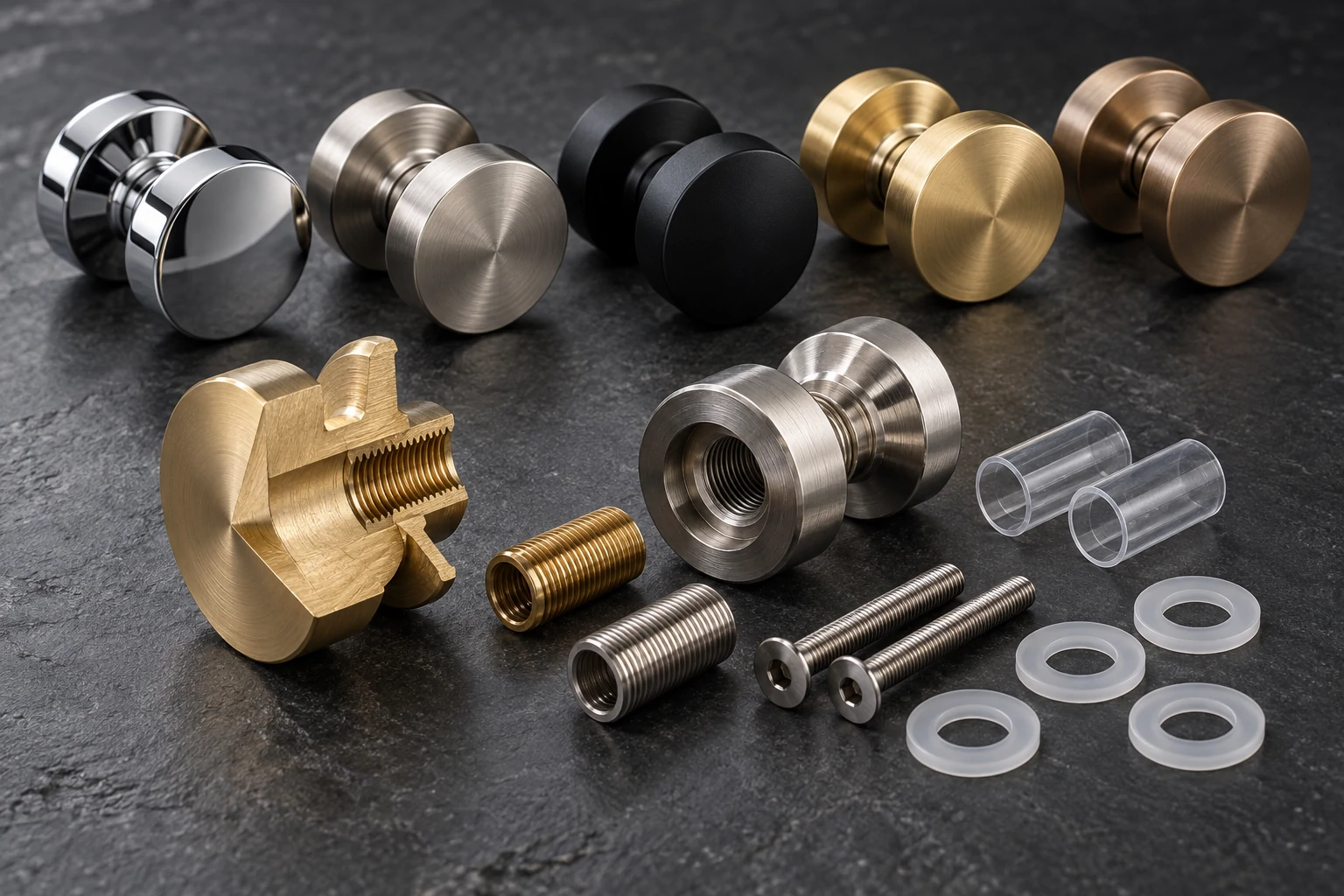 Glass shower door knobs in multiple finishes with brass, steel, and protective components