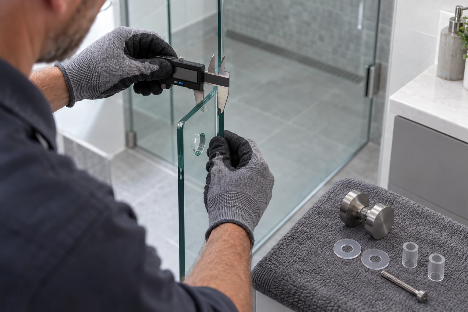 Installer measures tempered glass thickness before fitting a shower door knob