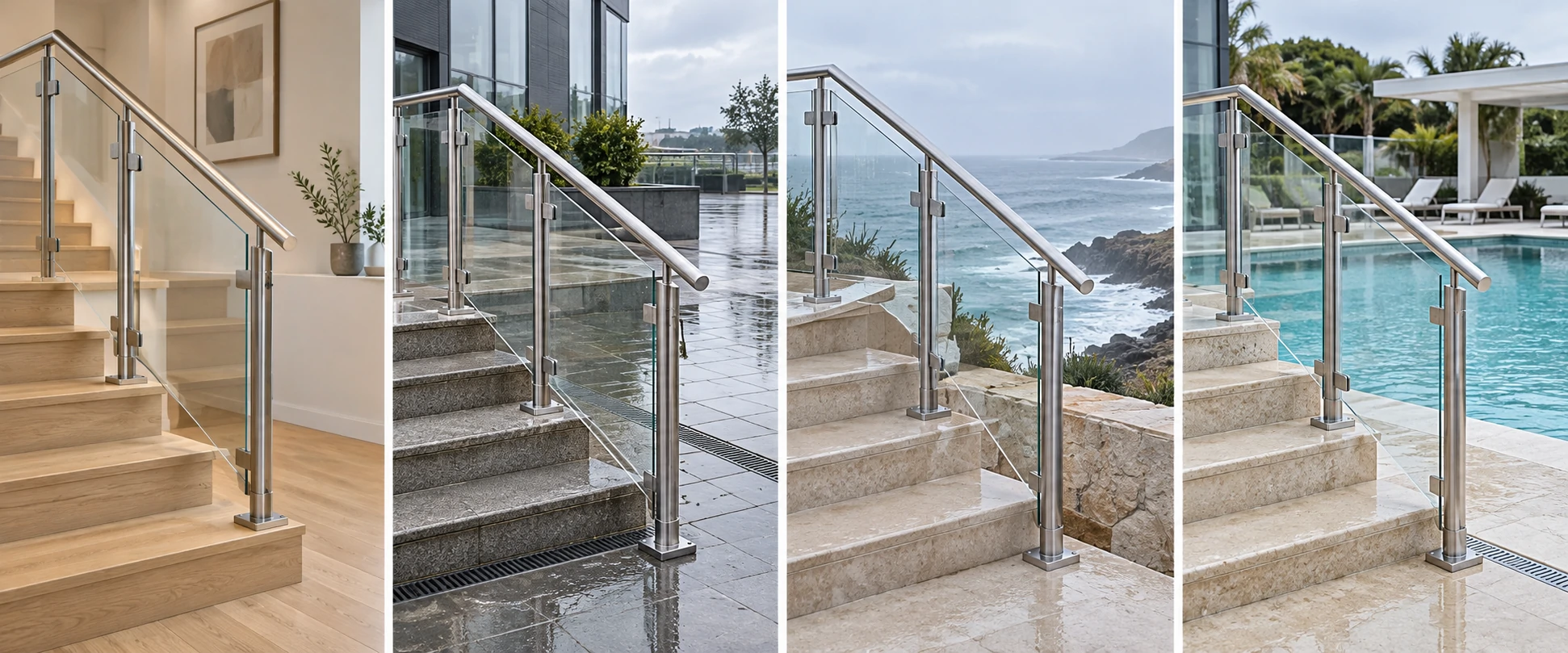 Glass stair railings compared across indoor, wet exterior, coastal, and poolside environments