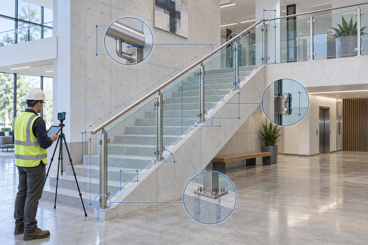 Railing Safety Review Engineer measures glass staircase railing dimensions, handrail clearances, clamps, and base connections