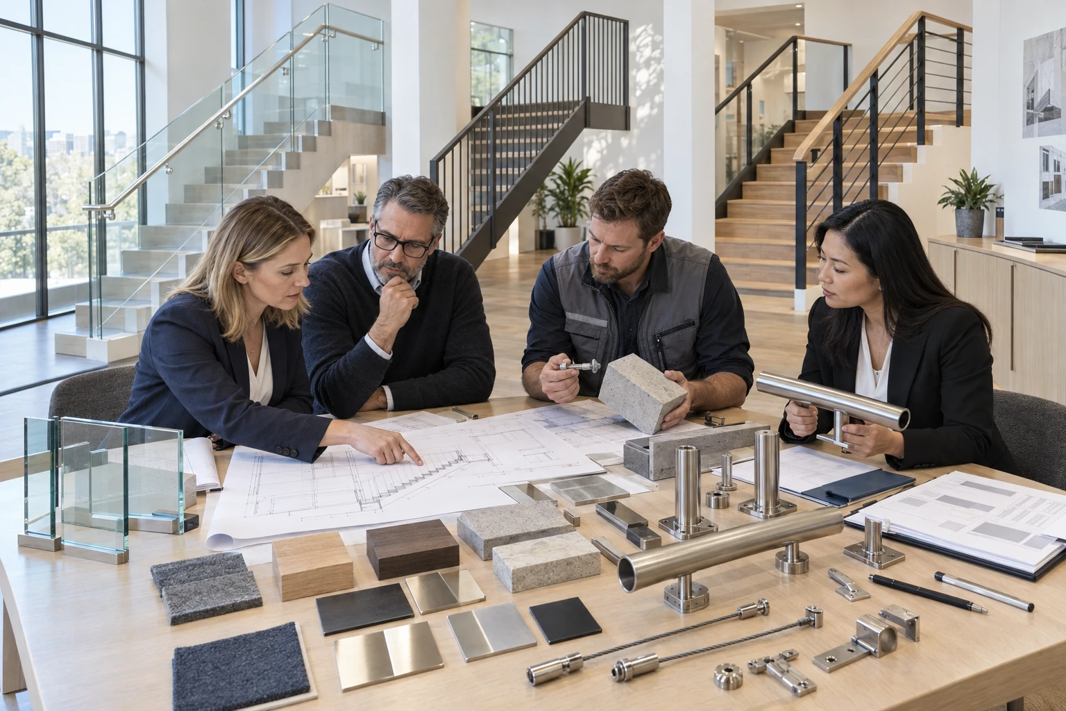 Railing Selection Meeting Design team compares staircase railing systems, materials, hardware, and architectural drawings