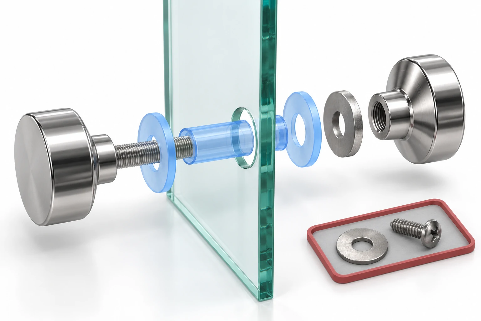 Exploded shower door knob assembly showing protective sleeves, gaskets, washer, and threaded stem