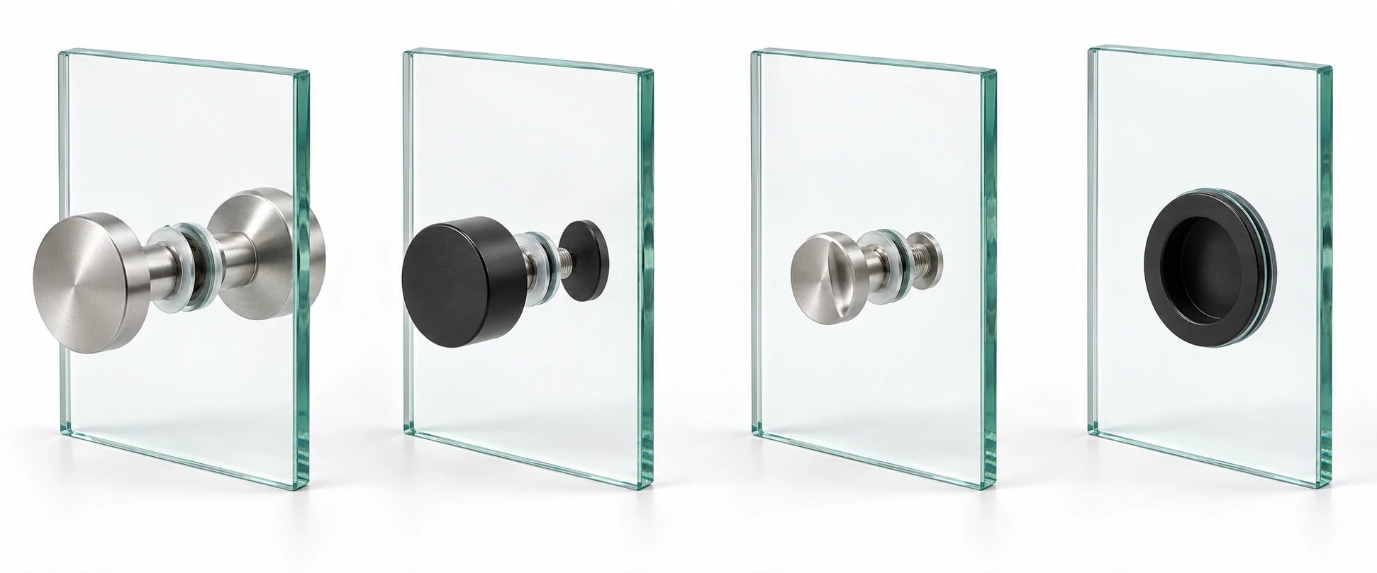 Four glass shower door knob styles mounted on clear tempered glass panels