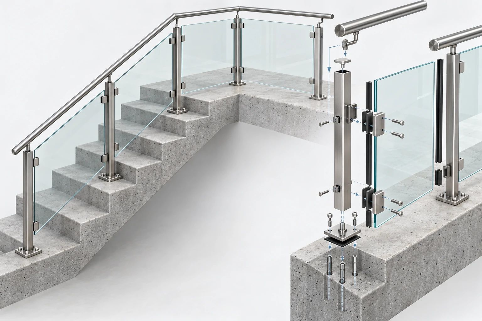 Stair Railing Assembly Exploded glass staircase railing assembly showing posts, clamps, handrail, base plates, and anchors