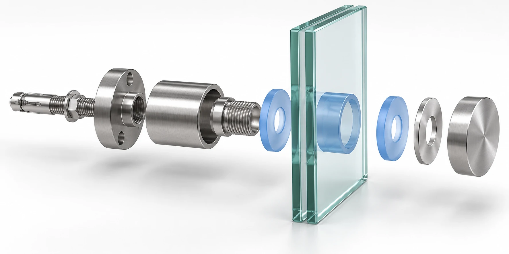 Standoff Assembly Components Exploded glass railing standoff assembly with anchor, gaskets, sleeve, and laminated glass