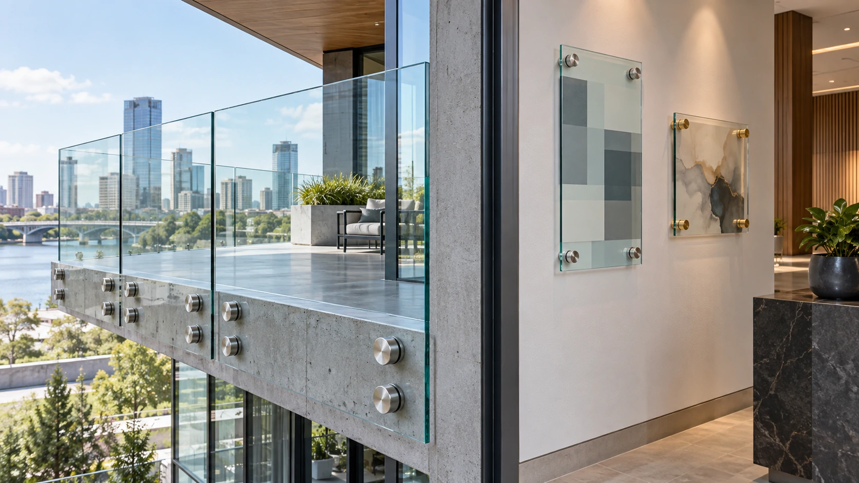 Standoff Installation Applications Glass railing standoffs installed on balcony concrete and decorative interior panels