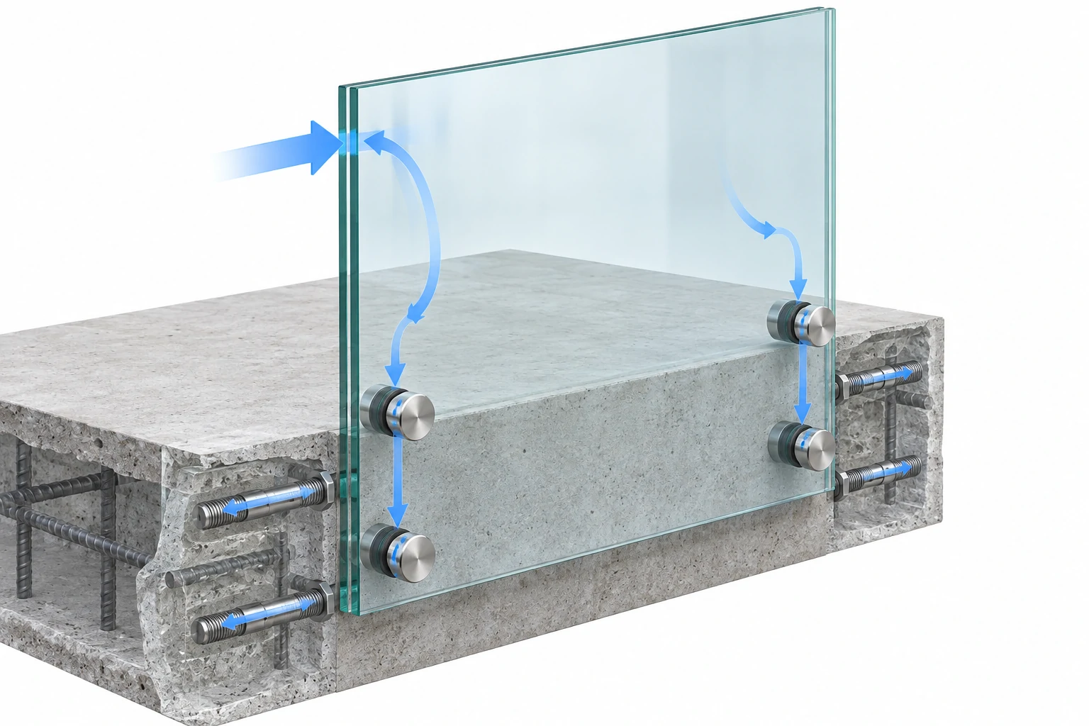 Standoff Load Path Load path through glass railing standoffs anchored into reinforced concrete