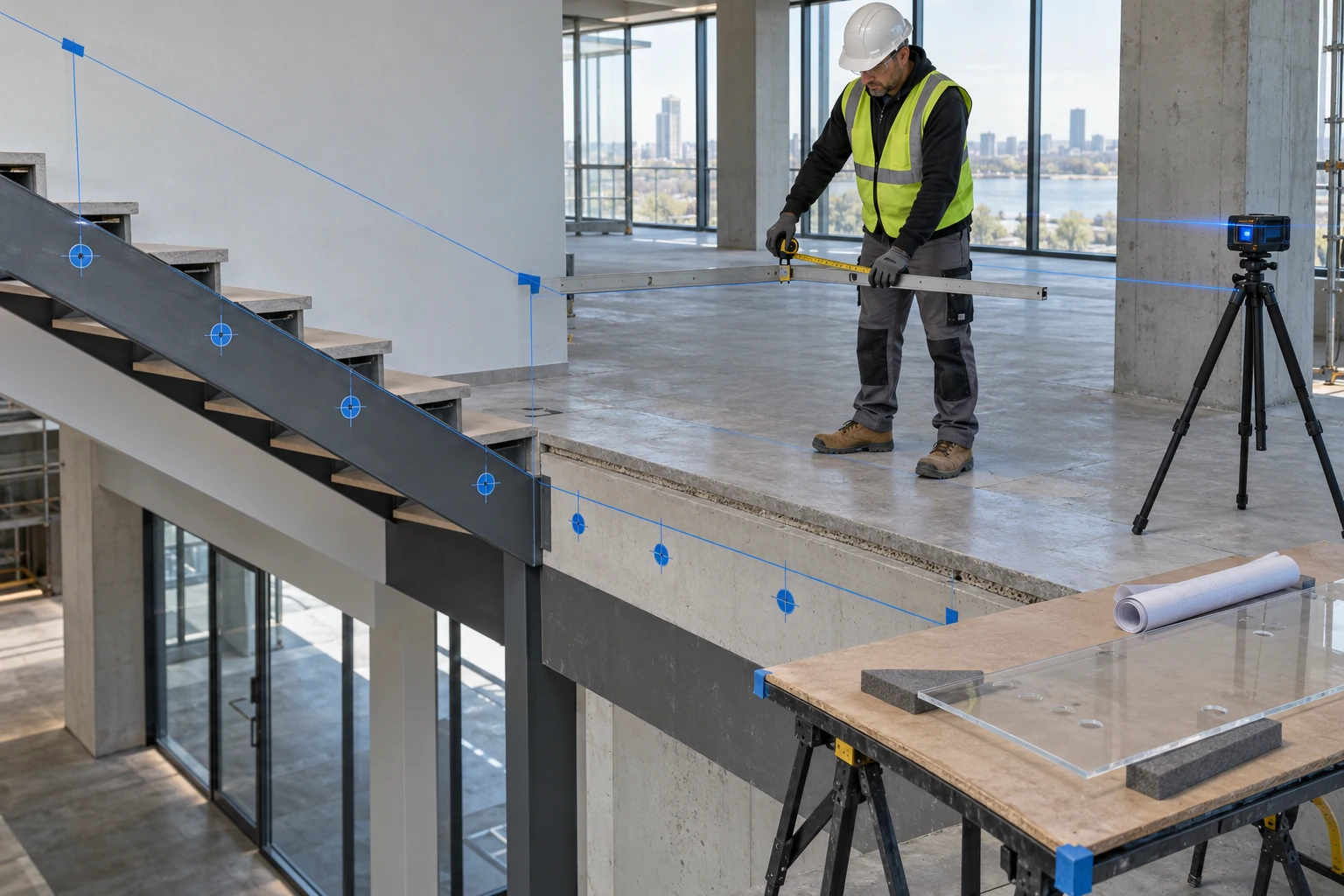 Standoff Position Verification Installer verifies glass railing standoff positions using laser level and measuring tools