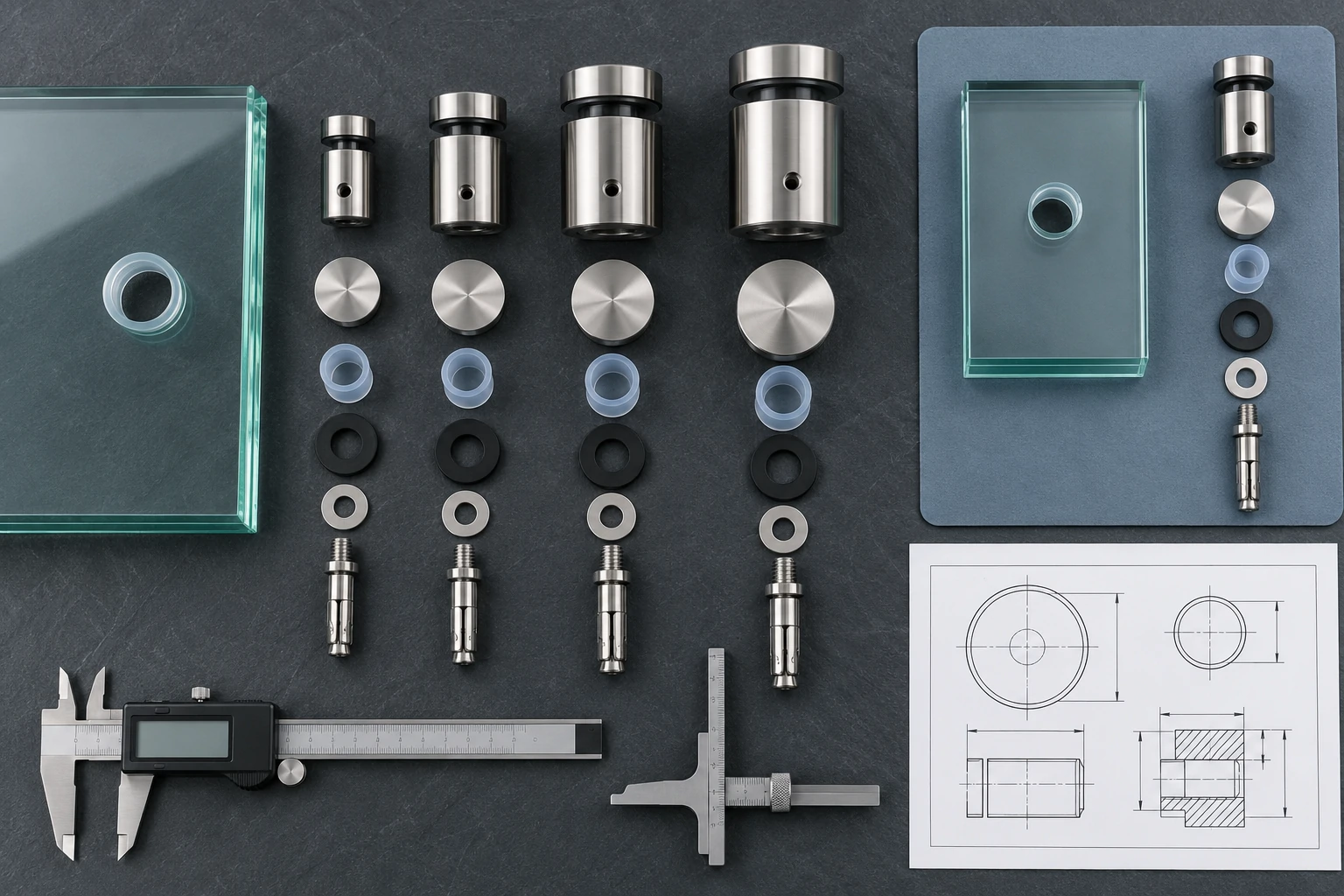Standoff Size Comparison Glass railing standoffs in multiple sizes arranged with gaskets, anchors, and measuring tools