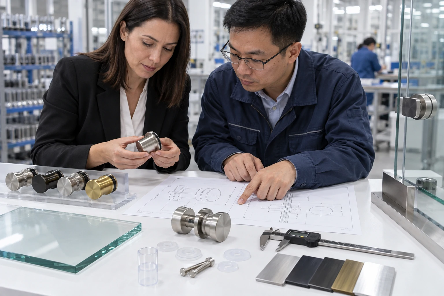 Procurement manager and engineer inspect glass shower door knobs and technical drawings