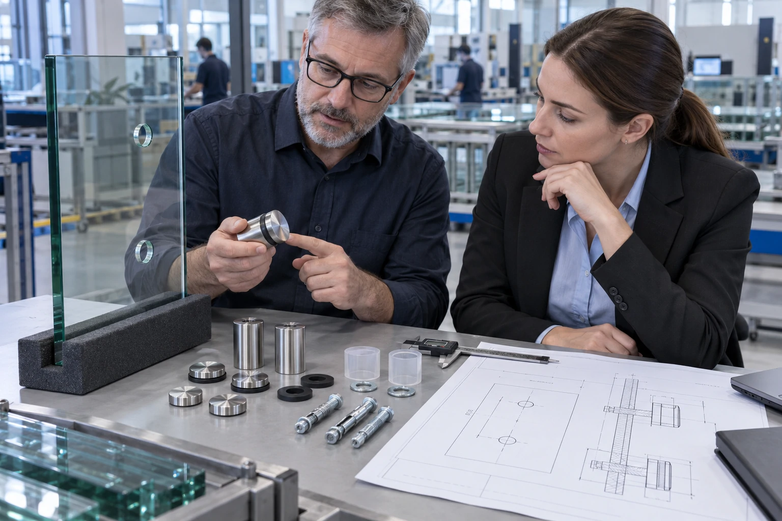 Engineer and procurement manager inspect glass railing standoffs and technical drawings