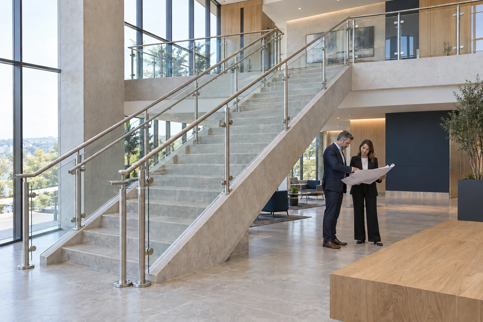 Professionals review plans beside a modern glass staircase railing with stainless steel posts